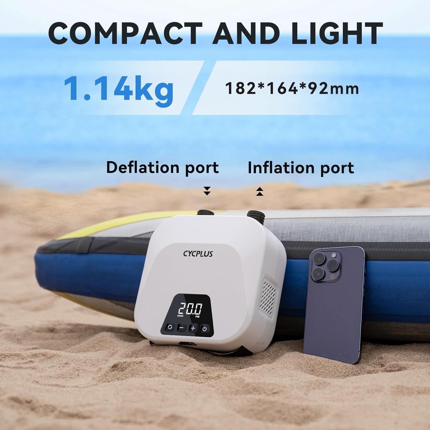 Smart SUP Pump – 20PSI, Rechargeable, Dual Stage, Auto-Off