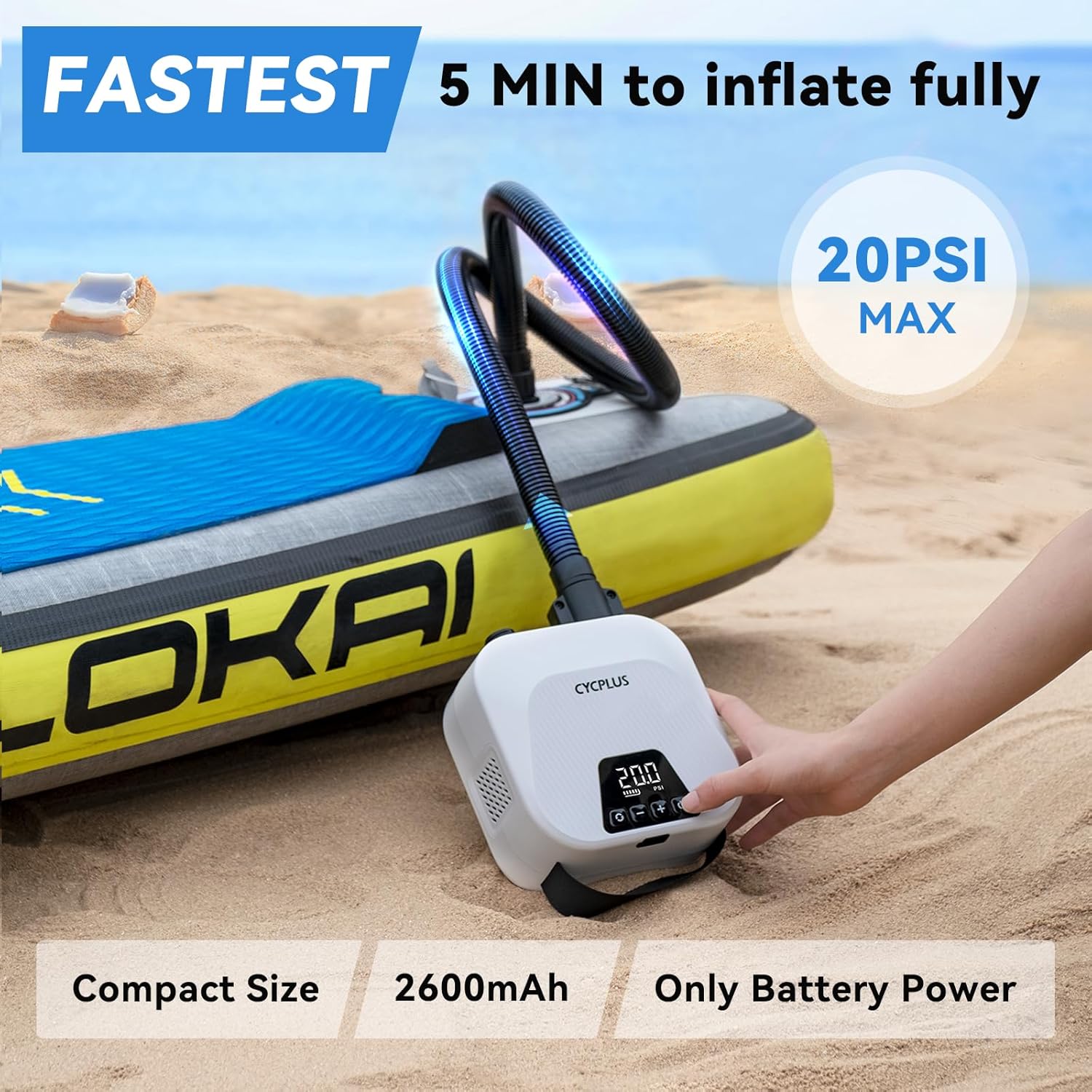 Smart SUP Pump – 20PSI, Rechargeable, Dual Stage, Auto-Off